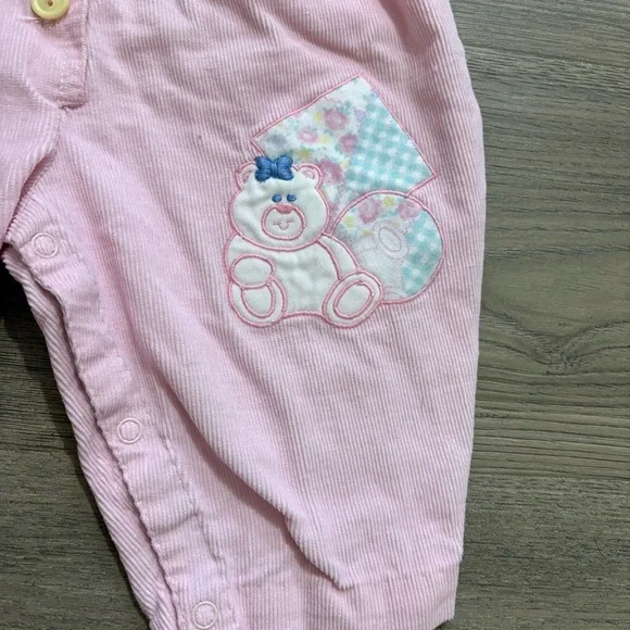 Vtg Pink Corduroy Romper Overalls Embroidered Teddy Bear Balloon 6-9 Months - Picture 2 of 11